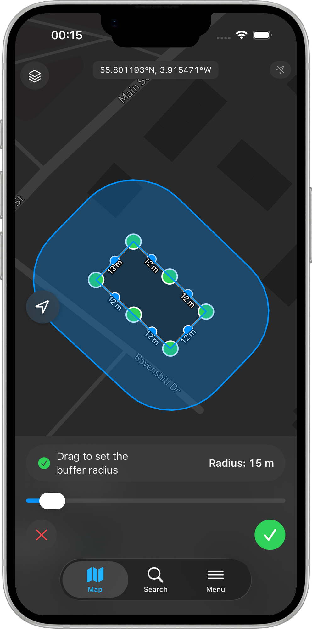 Mapit GIS iOS - Buffer tool with a live blue buffer around a polygon and the radius slider card