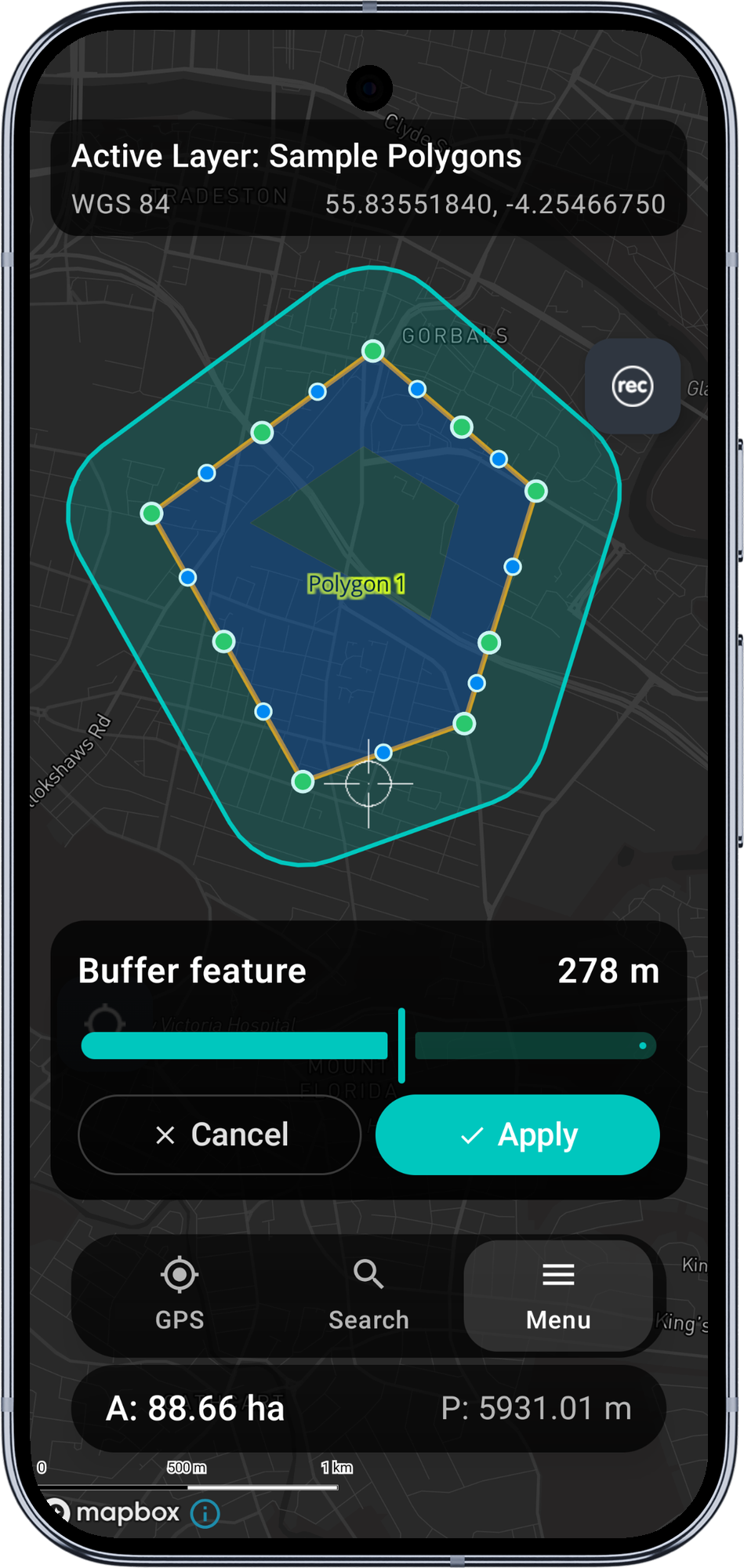 Mapit GIS - Buffer tool with live teal preview around a polygon and the radius slider card