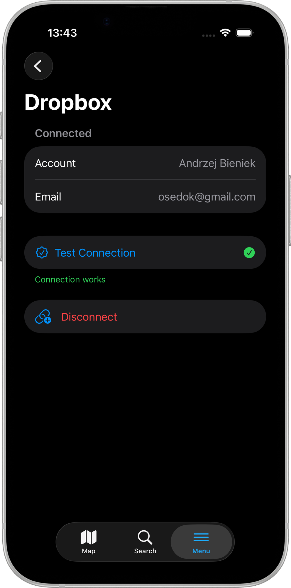 Mapit GIS iOS — Dropbox connected state in Remote Connections