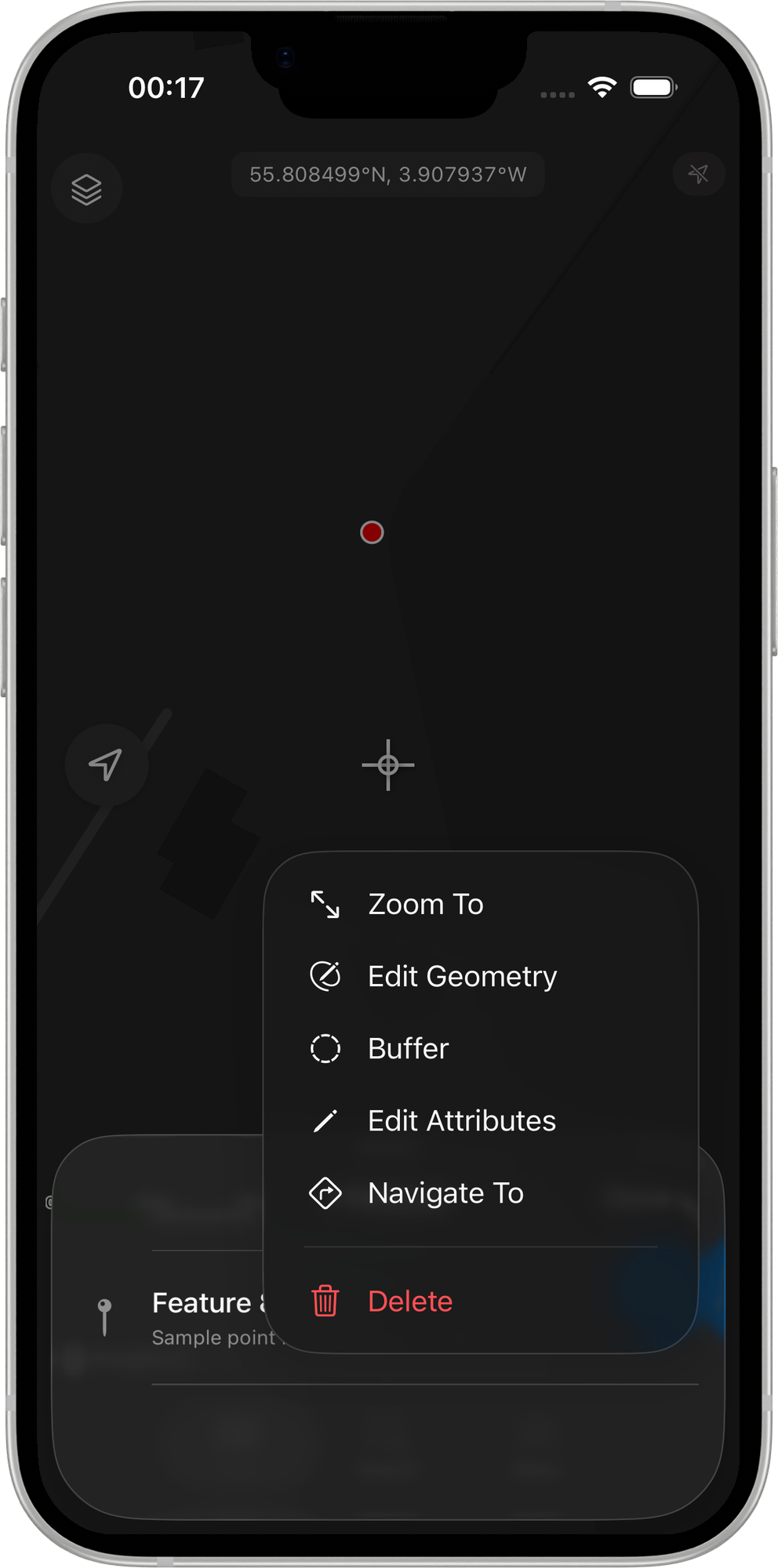 Mapit GIS iOS - Point feature context menu showing the Buffer action alongside Edit Geometry and Edit Attributes