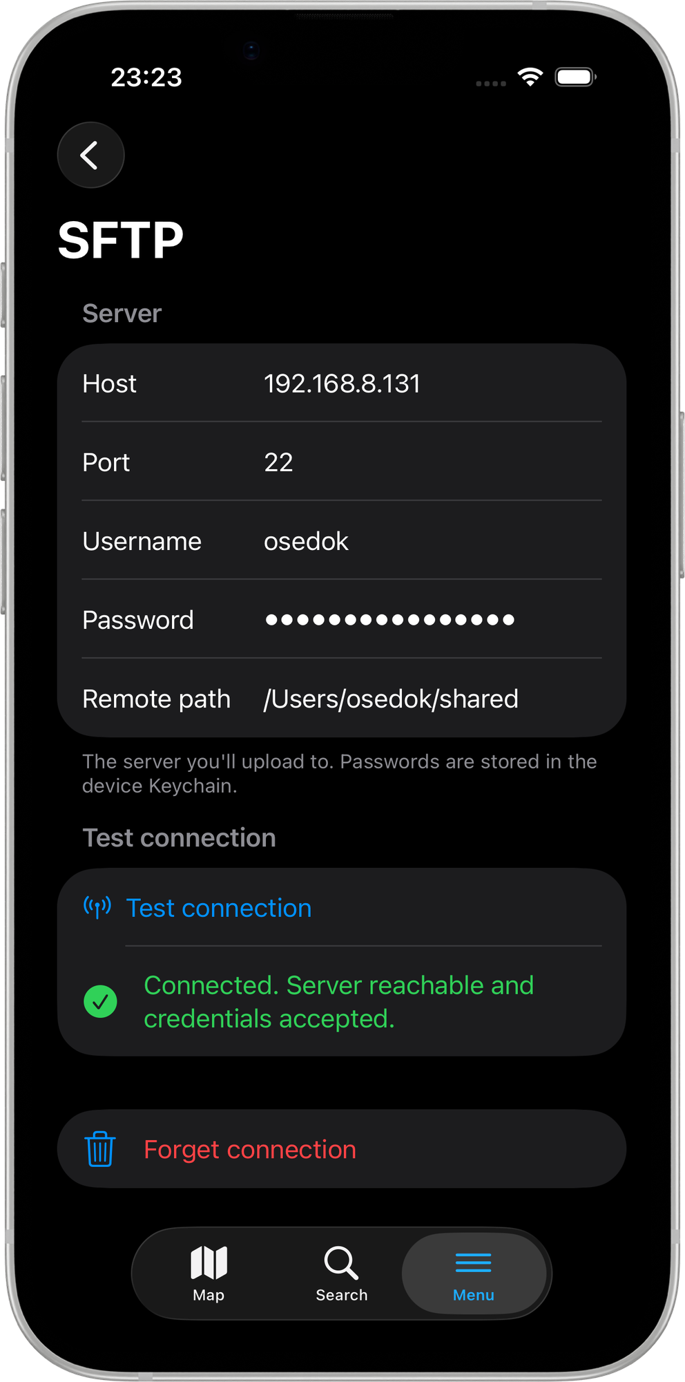 Mapit GIS iOS — SFTP connection test result