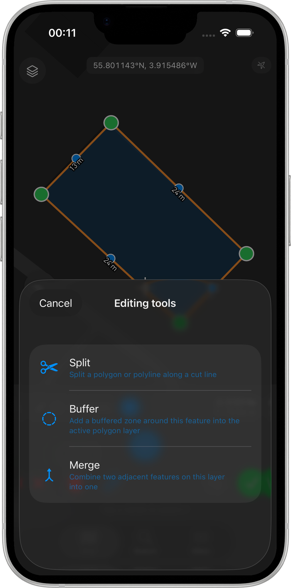 Mapit GIS iOS - Panel de herramientas de edición con las entradas Dividir, Polígono de influencia y Fusionar