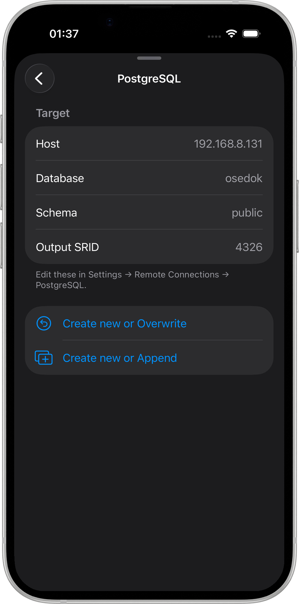 Mapit GIS iOS — Selección del destino de exportación a PostgreSQL