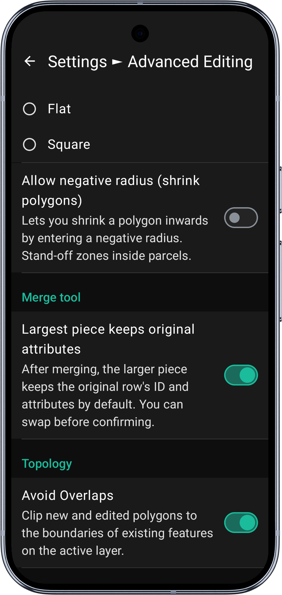 Mapit GIS Android - Ajustes, edición avanzada, sección Topología con el interruptor Evitar solapes