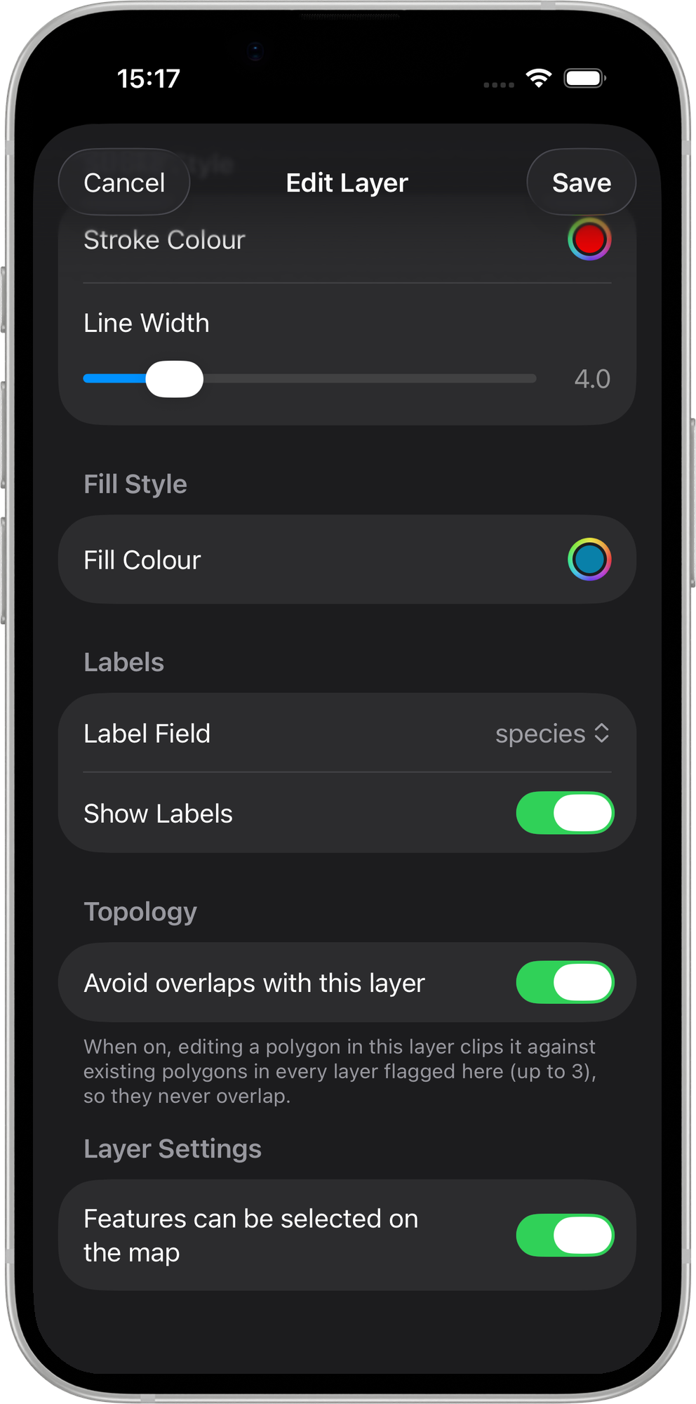 Mapit GIS iOS - Pantalla de edición de capa con el interruptor Evitar solapes con esta capa activado