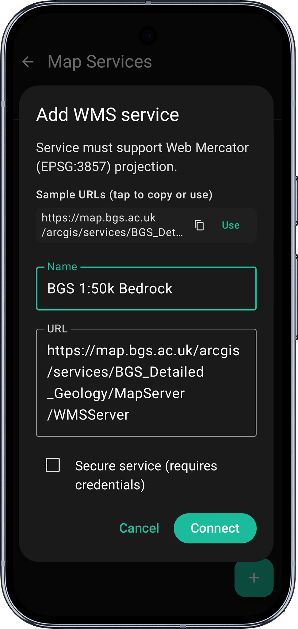 Mapit GIS Professional - formularz dodawania WMS - Android