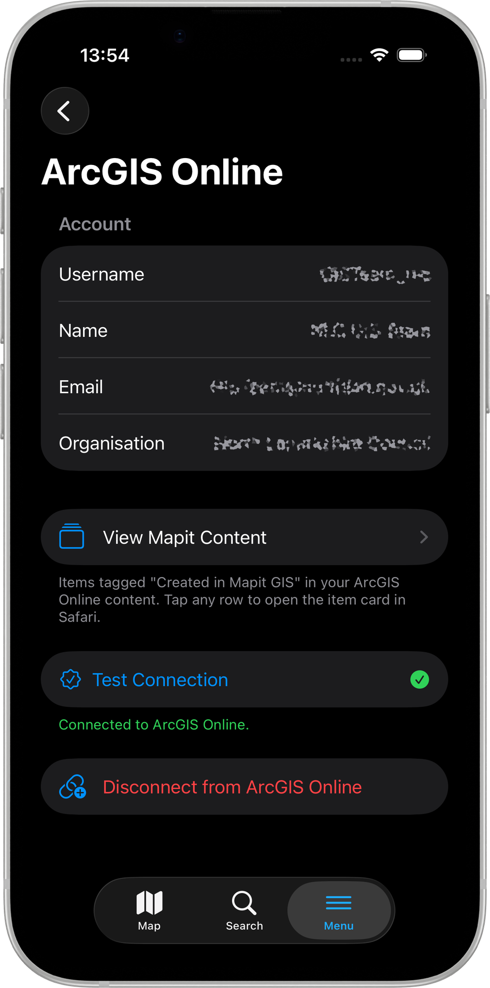 Mapit GIS iOS — ustawienia ArcGIS Online, stan połączony