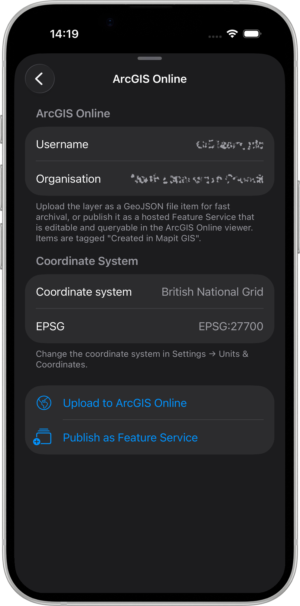 Mapit GIS iOS — panel akcji eksportu do ArcGIS Online