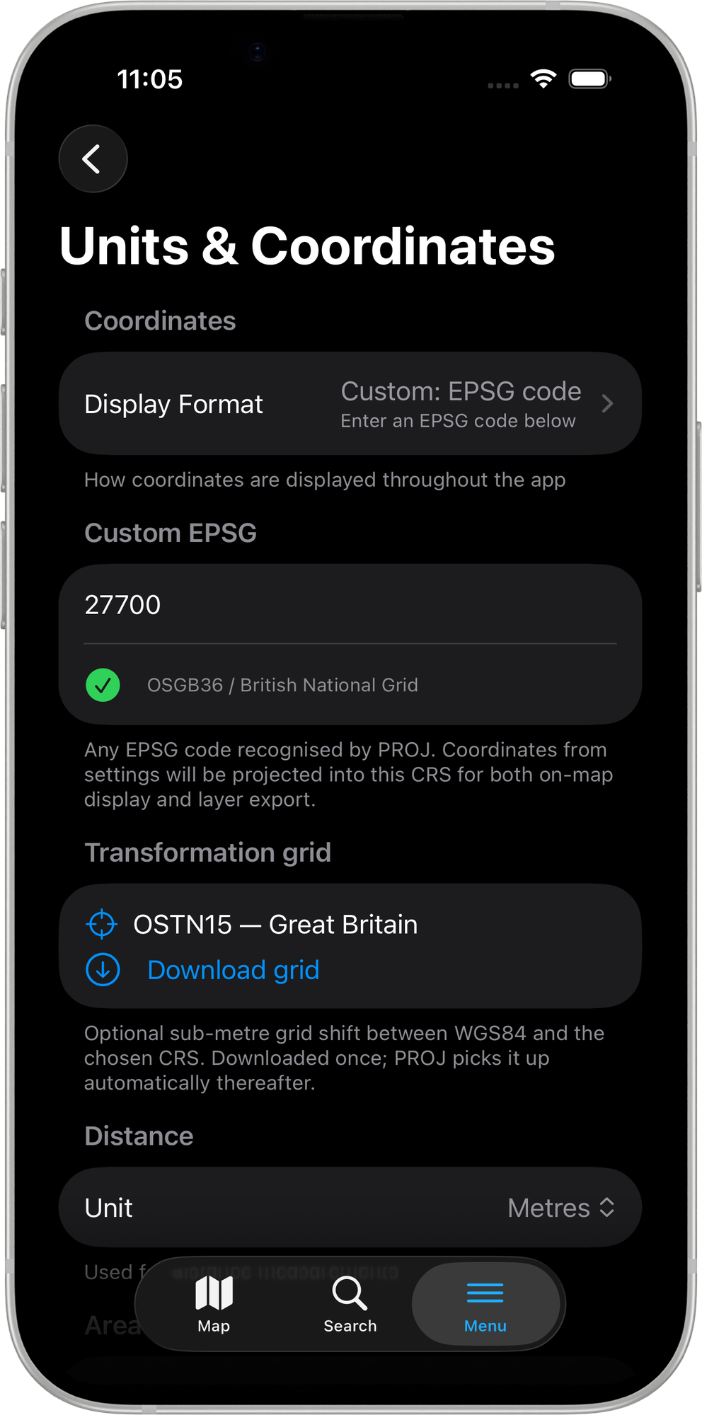 Mapit GIS iOS — pole własnego kodu EPSG z wpisanym 27700, rozpoznanym jako OSGB36 / British National Grid