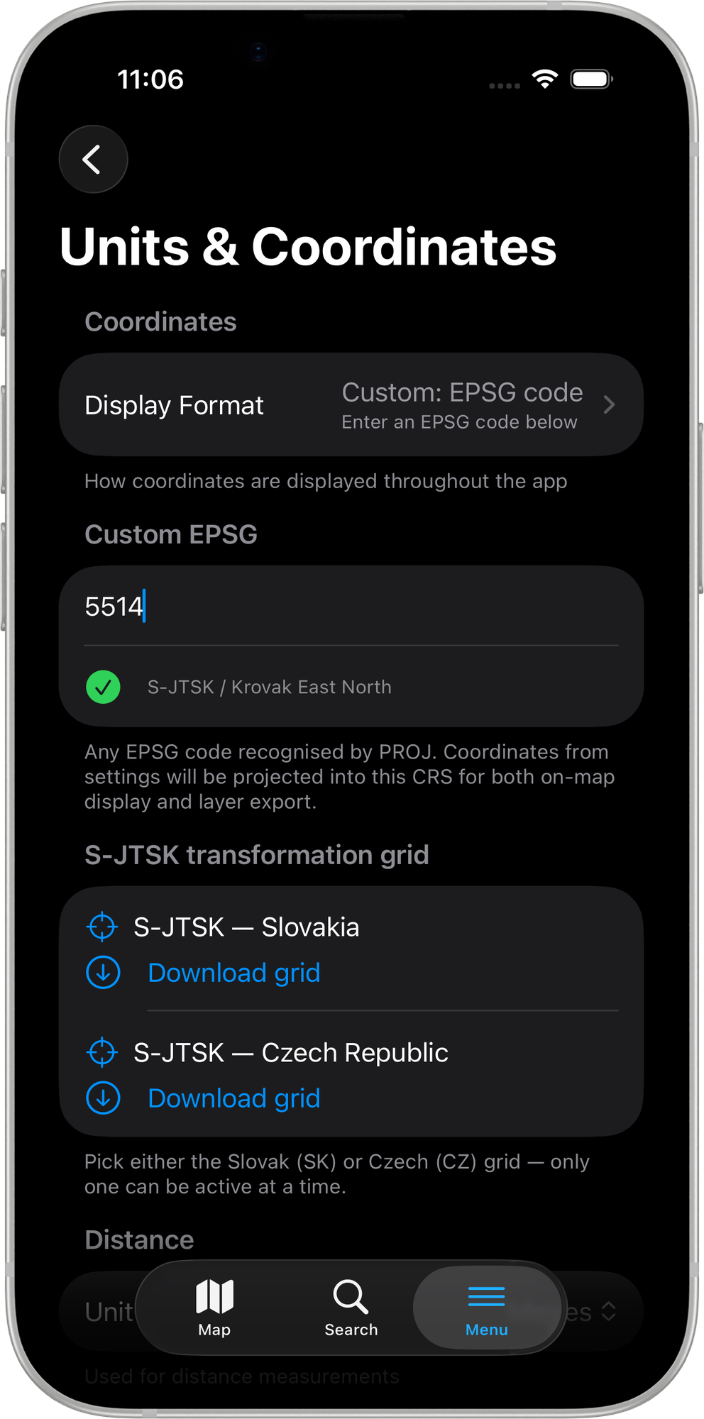 Mapit GIS iOS — pole własnego kodu EPSG z wpisanym 5514, rozpoznanym jako S-JTSK / Krovak East North