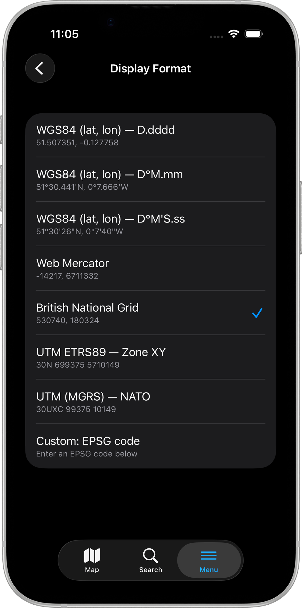 Mapit GIS iOS — lista wyboru formatu wyświetlania z ośmioma opcjami współrzędnych