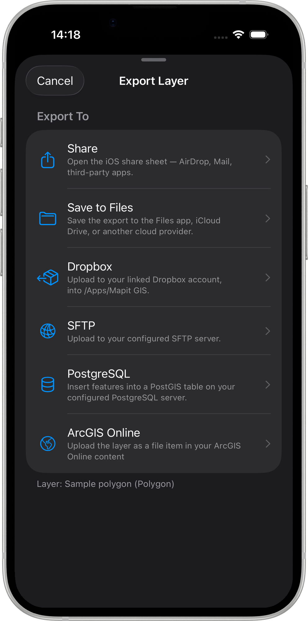 Mapit GIS iOS — panel miejsc docelowych eksportu warstwy z pozycją ArcGIS Online