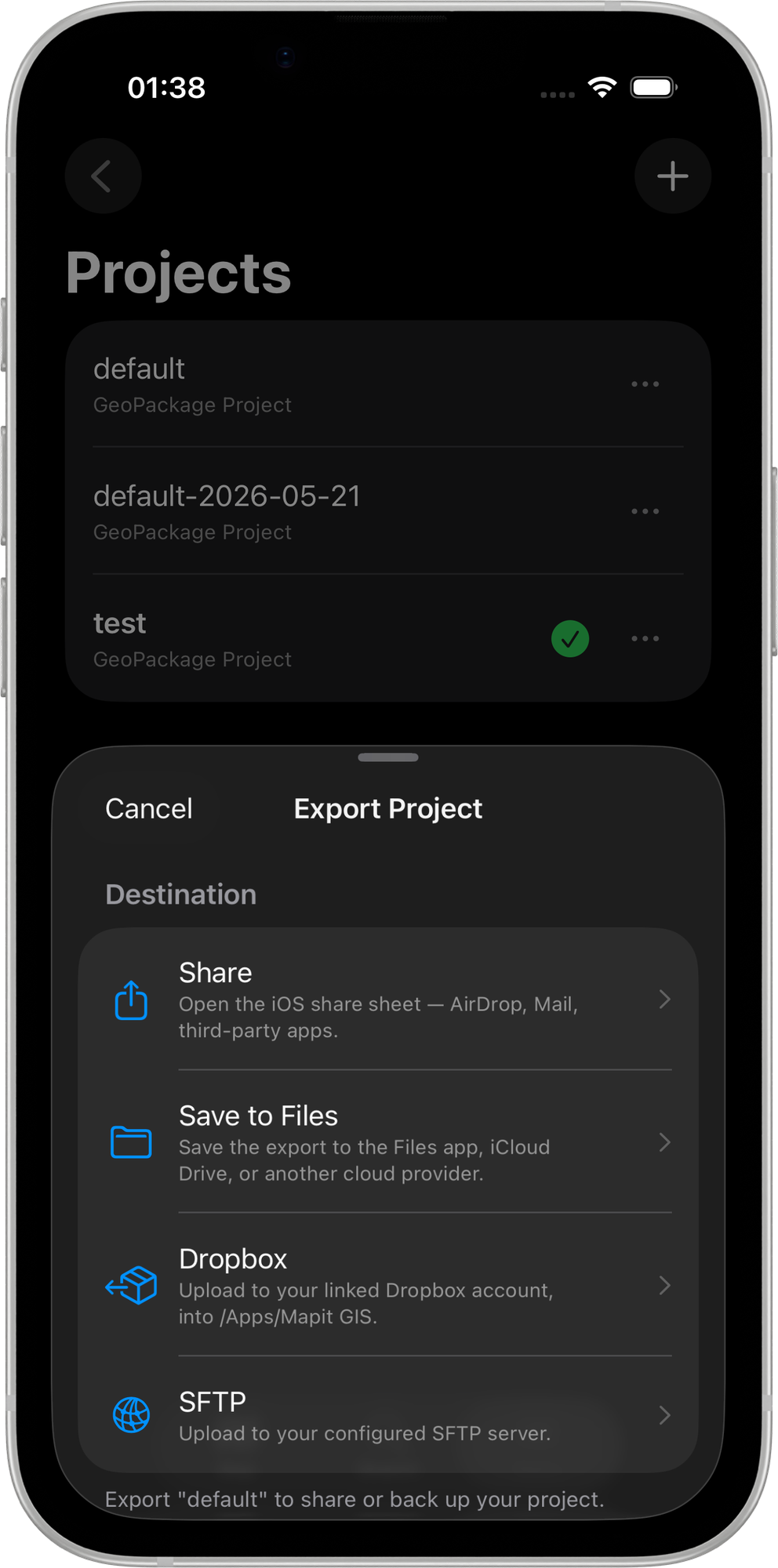 Mapit GIS iOS — panel wyboru miejsca docelowego eksportu projektu