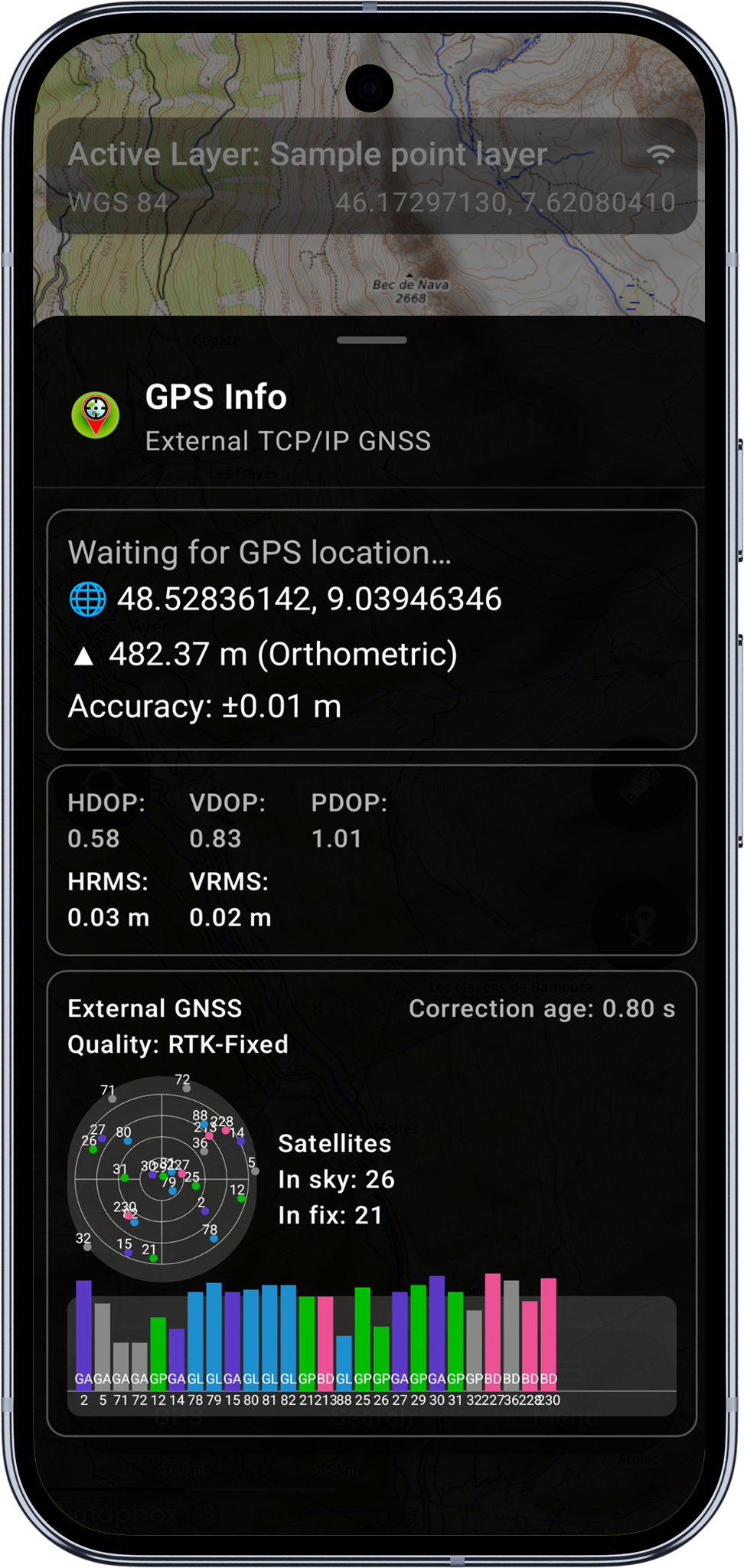 Mapit GIS Professional - ekran informacji GPS