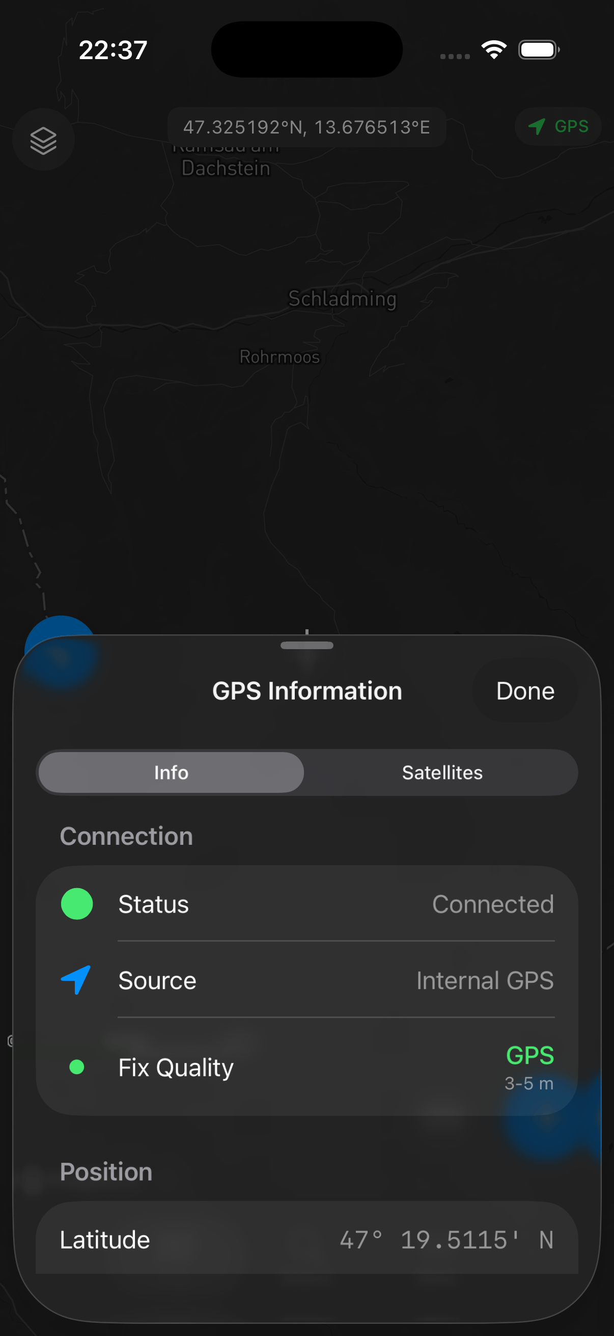 Mapit GIS Professional - ekran informacji GPS (zwinięty)