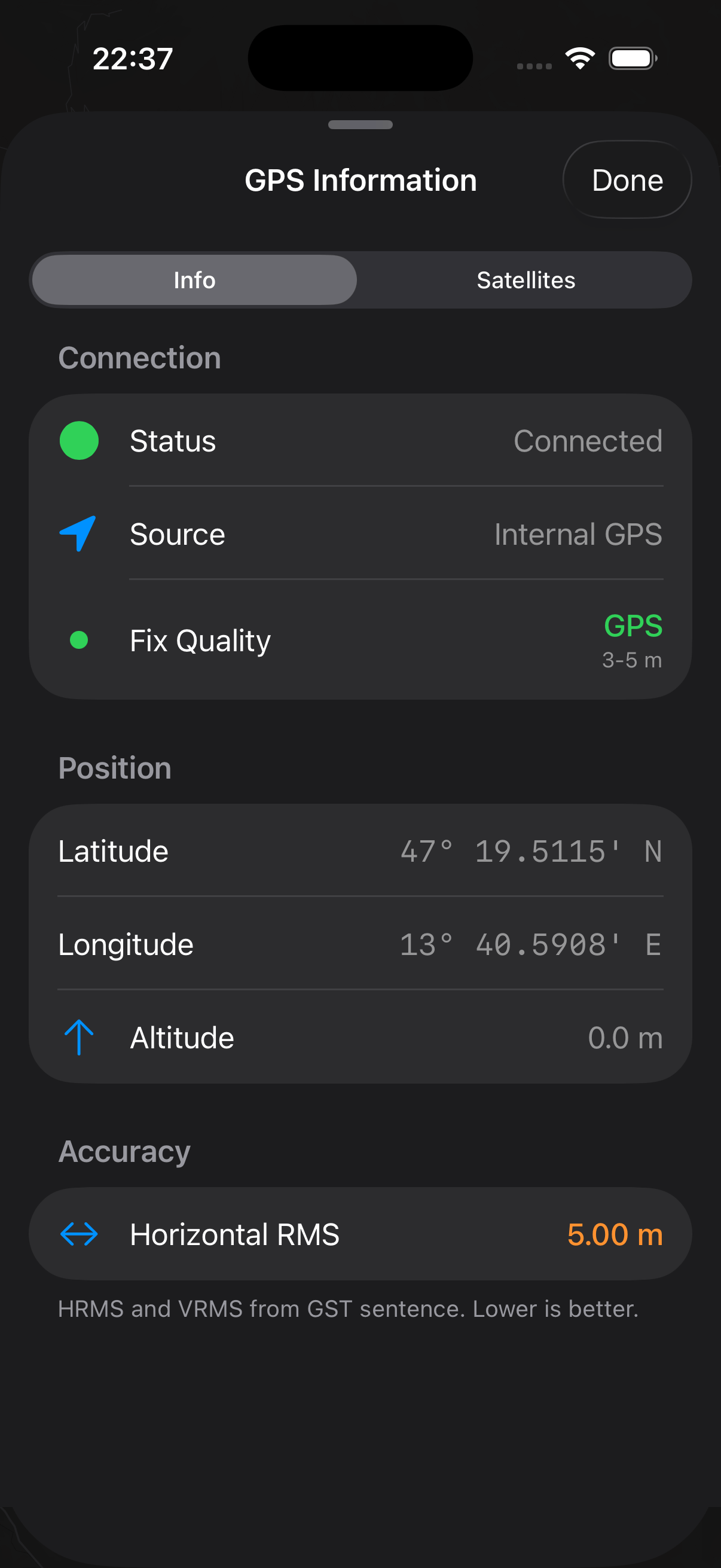 Mapit GIS Professional - ekran informacji GPS (rozwinięty)