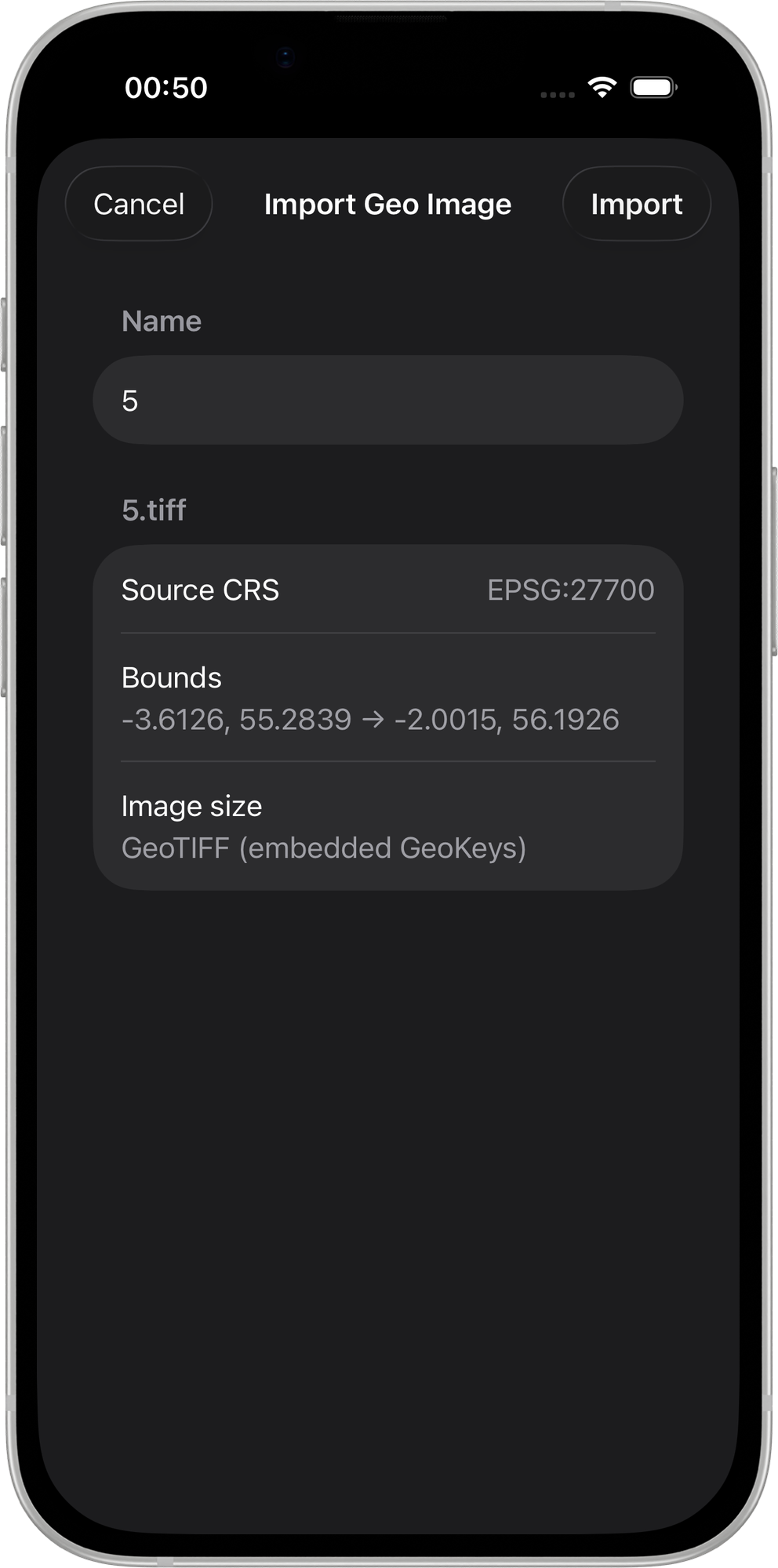 Mapit GIS iOS - panel importu GeoPDF pokazujący standard, układ współrzędnych i zasięg - iOS
