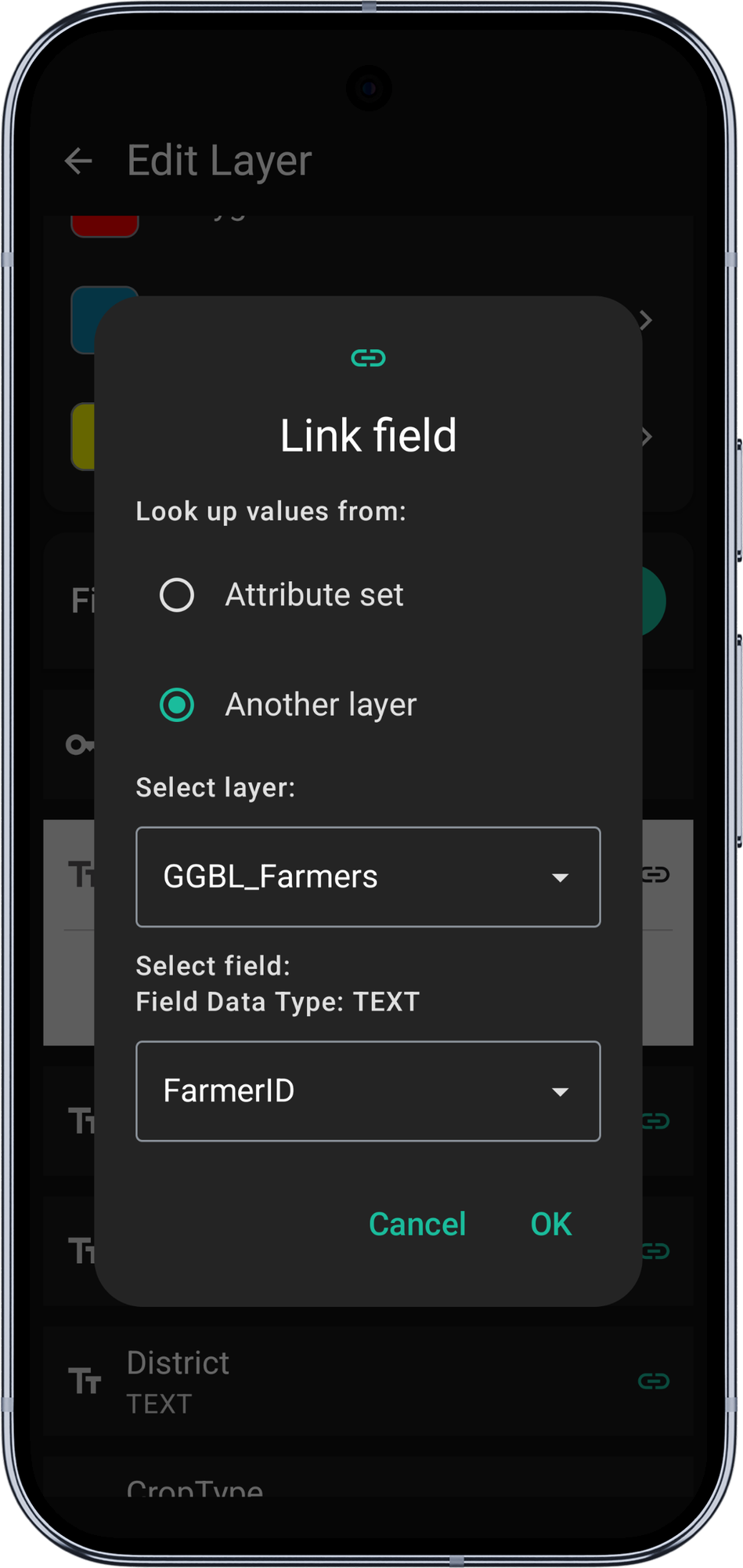 Mapit GIS Professional - okno powiązania pola ustawione na pobieranie wartości z innej warstwy