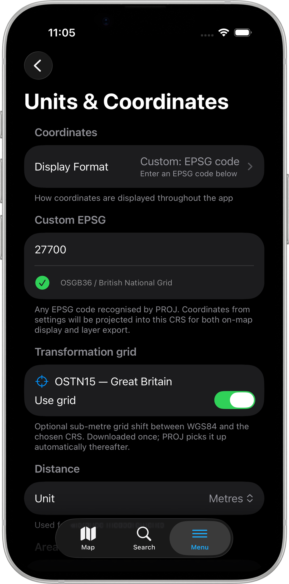 Mapit GIS iOS — pobrana i włączona siatka transformacji OSTN15