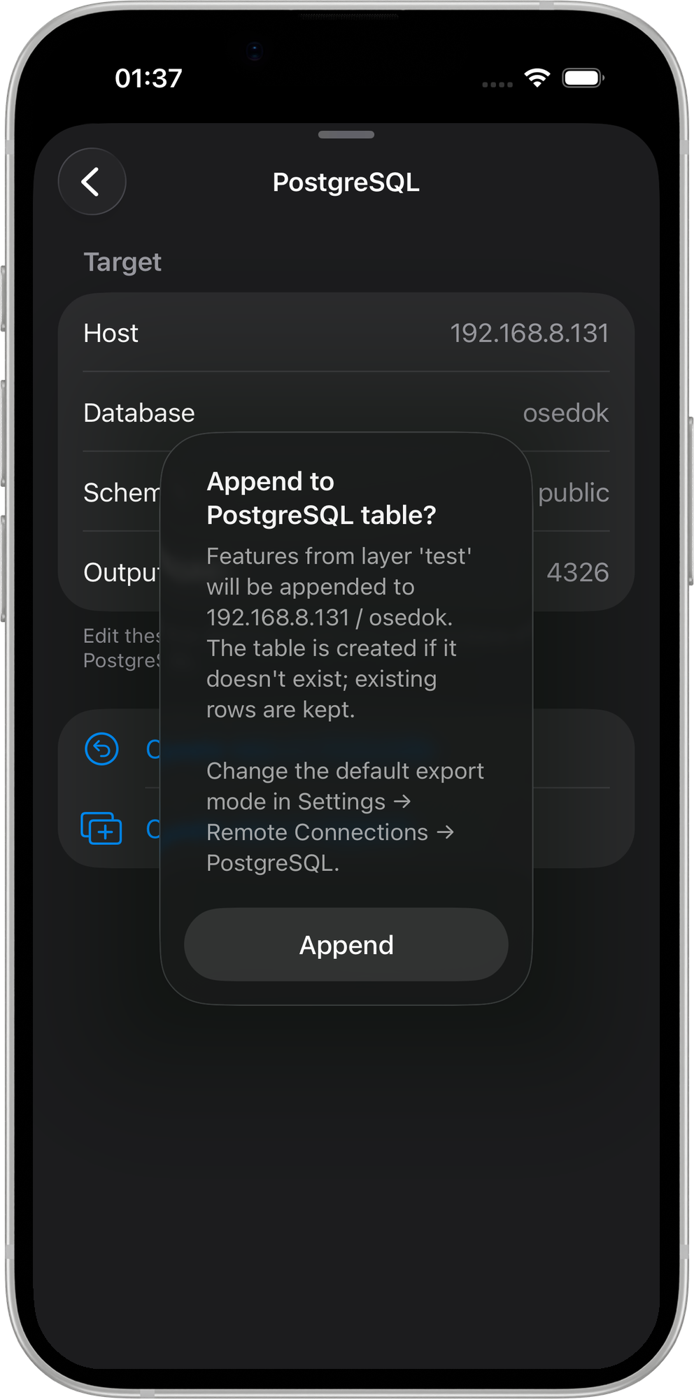 Mapit GIS iOS — potwierdzenie dopisania w PostgreSQL