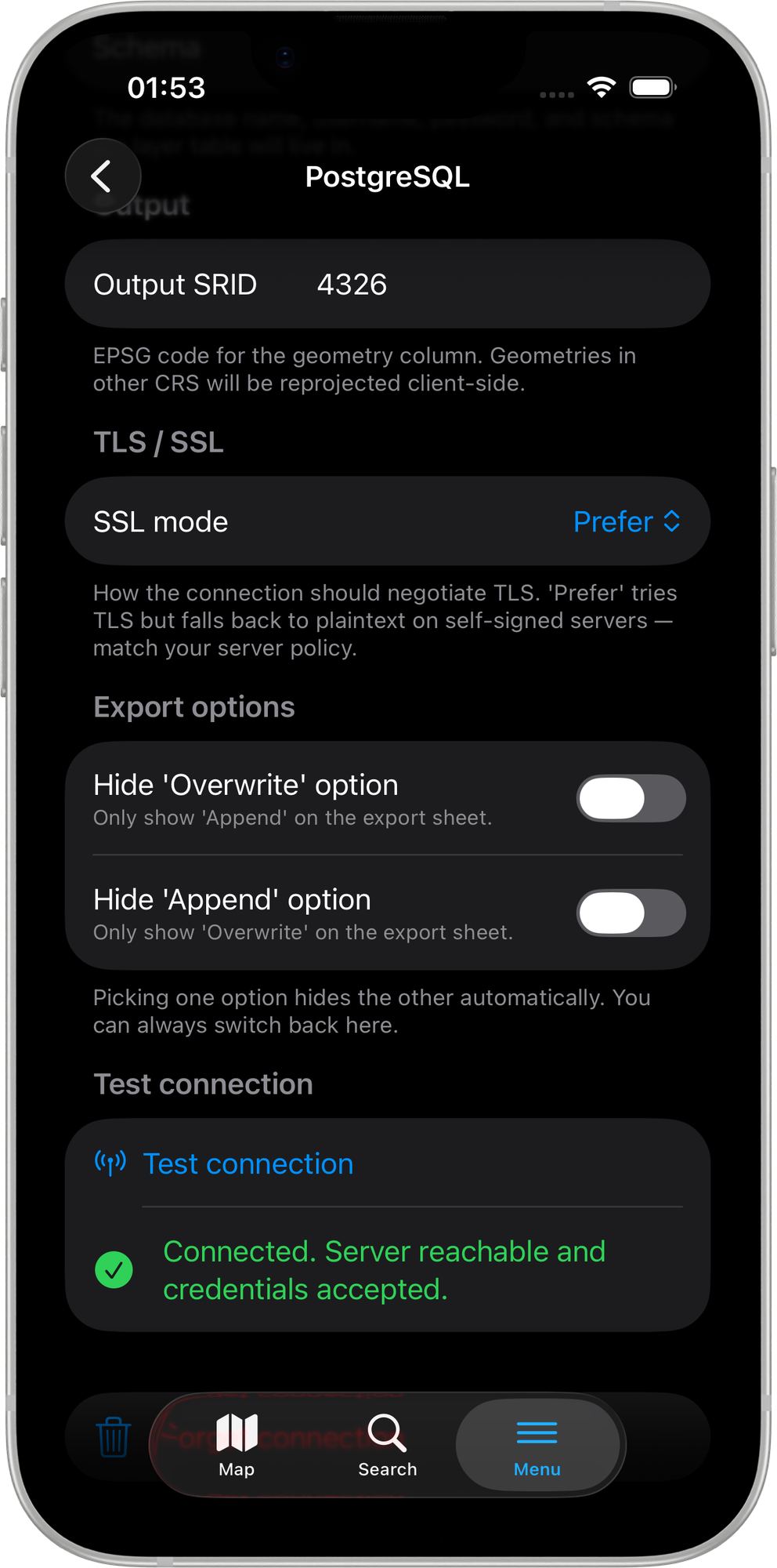 Mapit GIS iOS — drugi krok eksportu do PostgreSQL z podsumowaniem układu współrzędnych z ustawienia globalnego