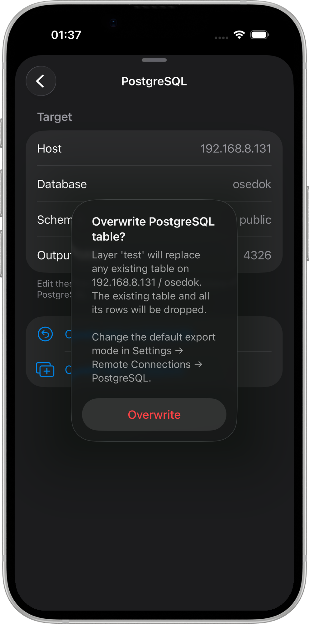 Mapit GIS iOS — potwierdzenie nadpisania w PostgreSQL