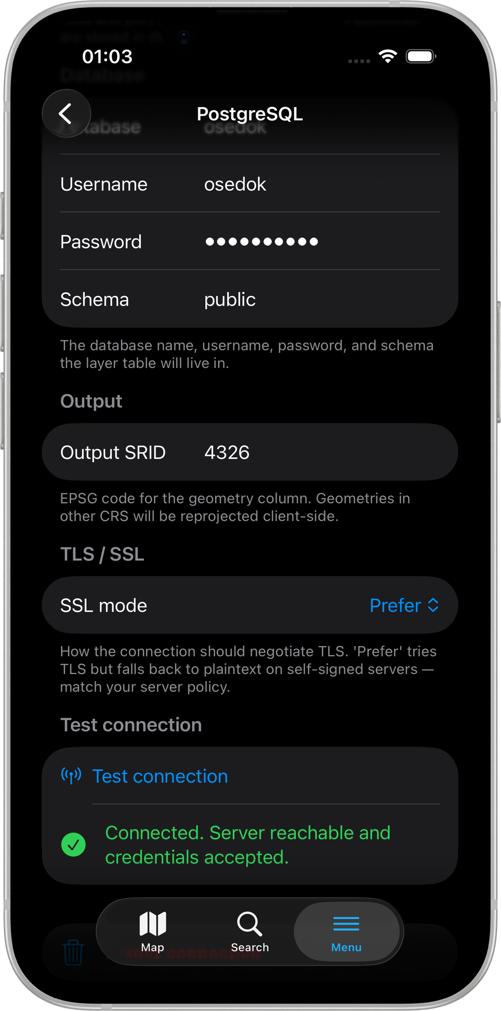 Mapit GIS iOS — ekran ustawień PostgreSQL