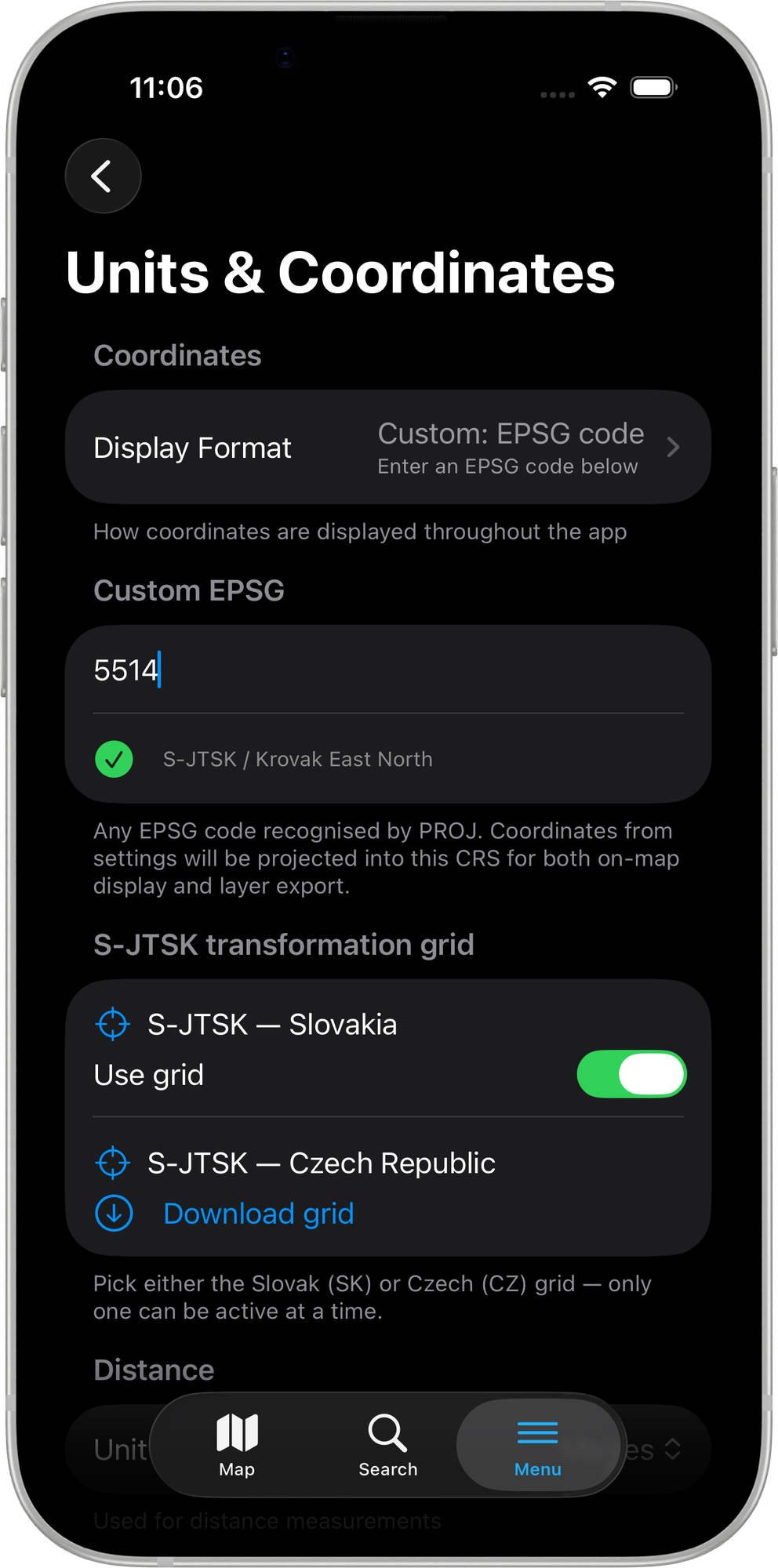 Mapit GIS iOS — sekcja siatki transformacji S-JTSK z włączoną siatką słowacką lub czeską
