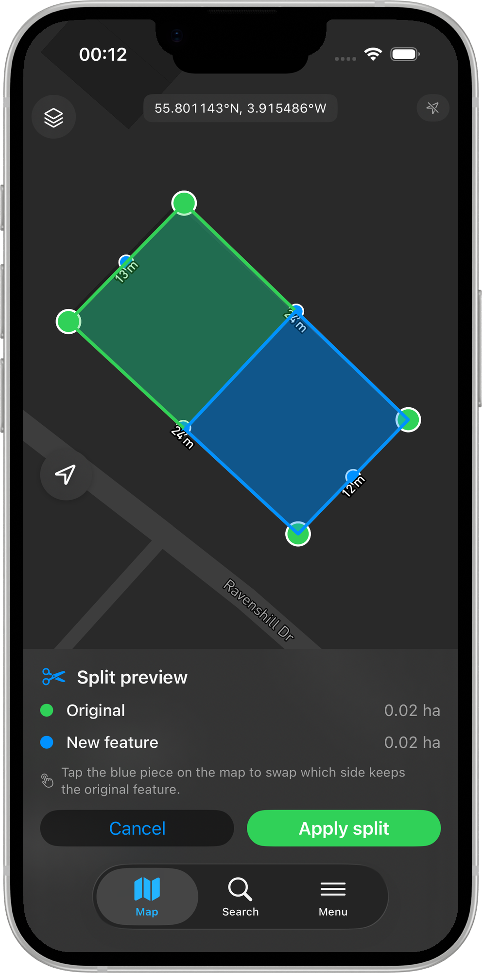 Mapit GIS iOS - podgląd podziału z częścią pierwotną (zieloną) i nowym obiektem (niebieskim) oraz kartą zastosowania