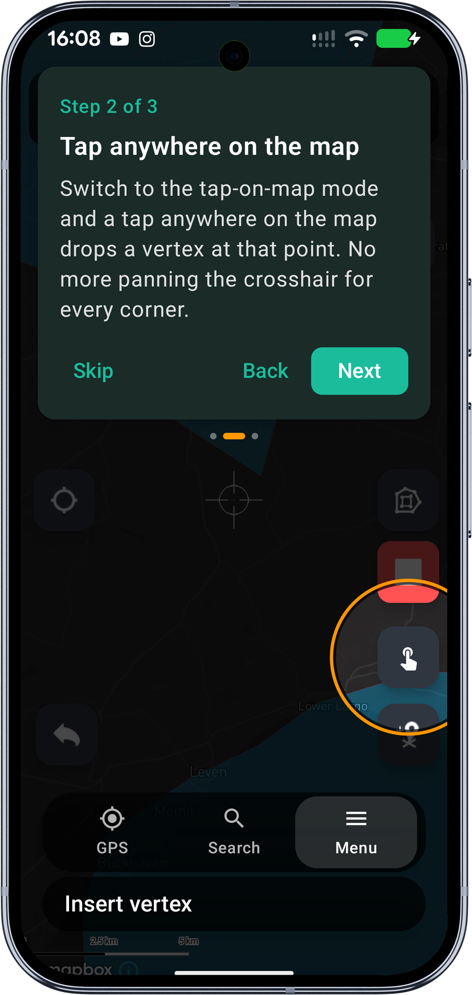 Mapit GIS Professional - aktywny tryb dotknięcia mapy na pasku edycji - Android