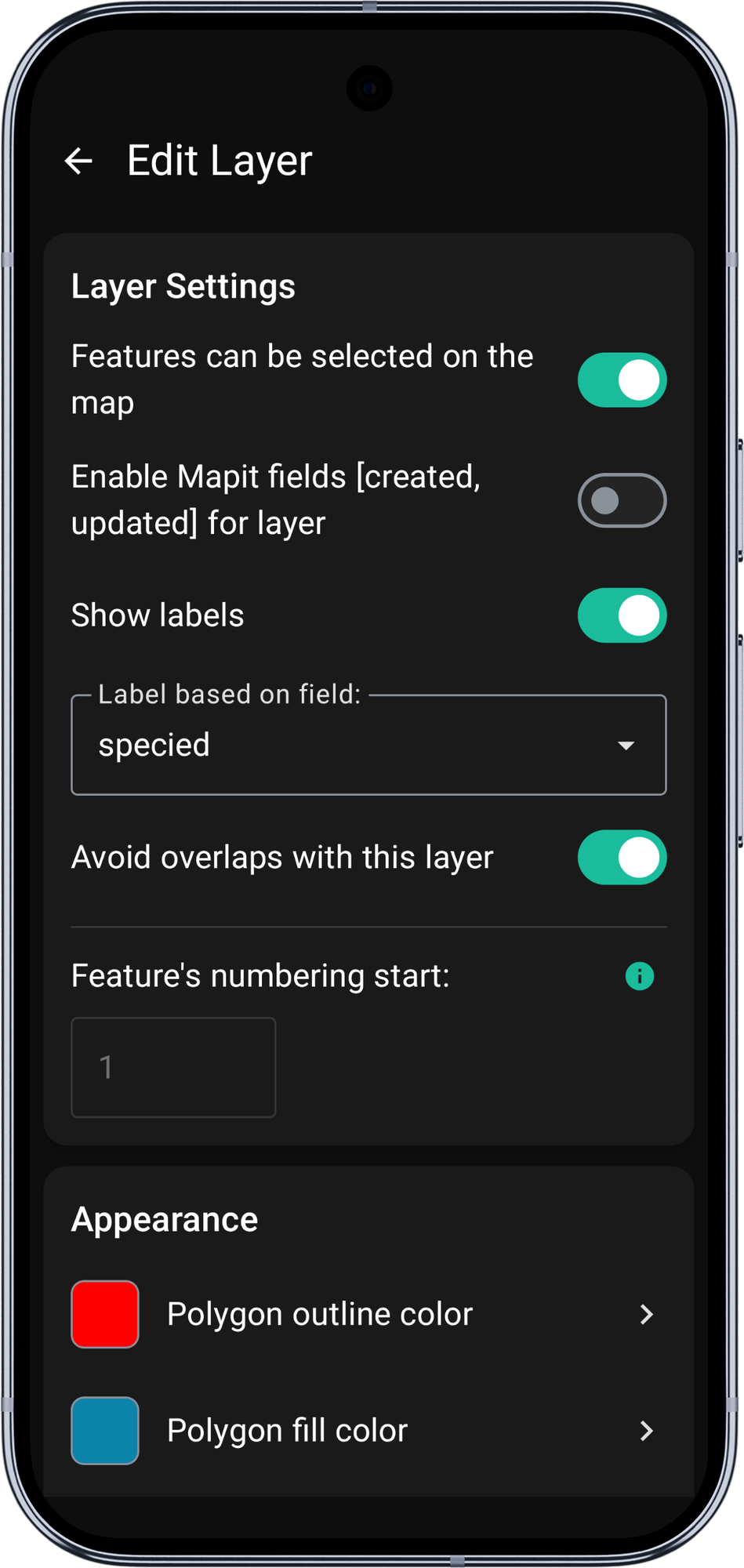 Mapit GIS Android - ekran edycji warstwy z włączonym przełącznikiem Unikaj nakładania z tą warstwą