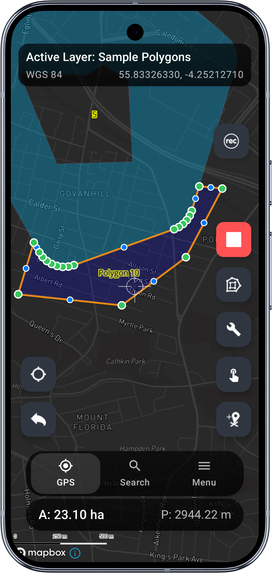 Mapit GIS Android - przycięty poligon z gęstymi wierzchołkami odziedziczonymi wzdłuż wspólnej granicy