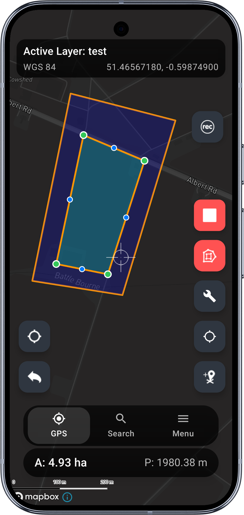 Mapit GIS Android - zapisany poligon pierścieniowy z otworem wokół obiektu wewnętrznego