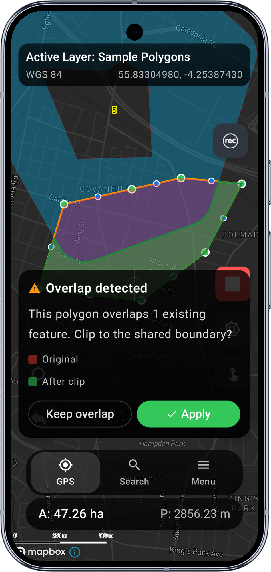 Mapit GIS Android - karta Wykryto nakładanie z propozycją przycięcia poligonu do wspólnej granicy