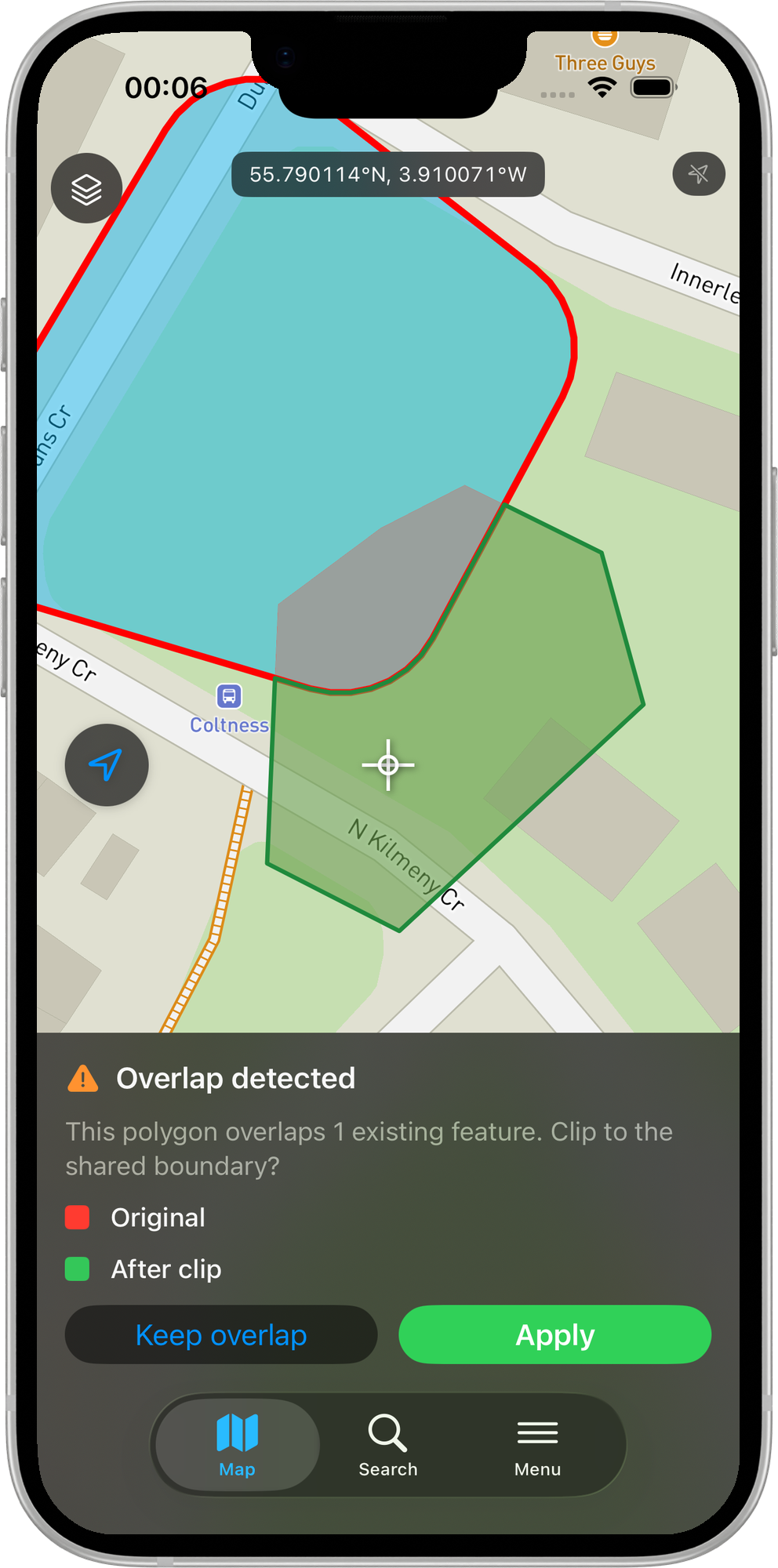 Mapit GIS iOS - panel Wykryto nakładanie z propozycją przycięcia poligonu do wspólnej granicy