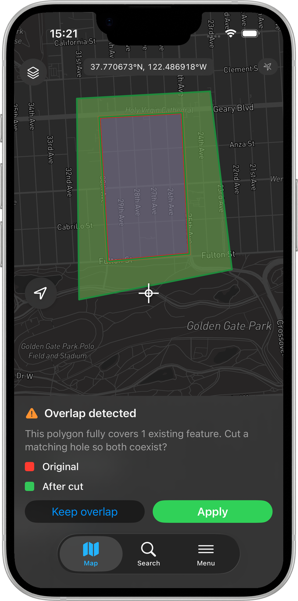 Mapit GIS iOS - panel Wykryto nakładanie z propozycją wycięcia odpowiedniego otworu