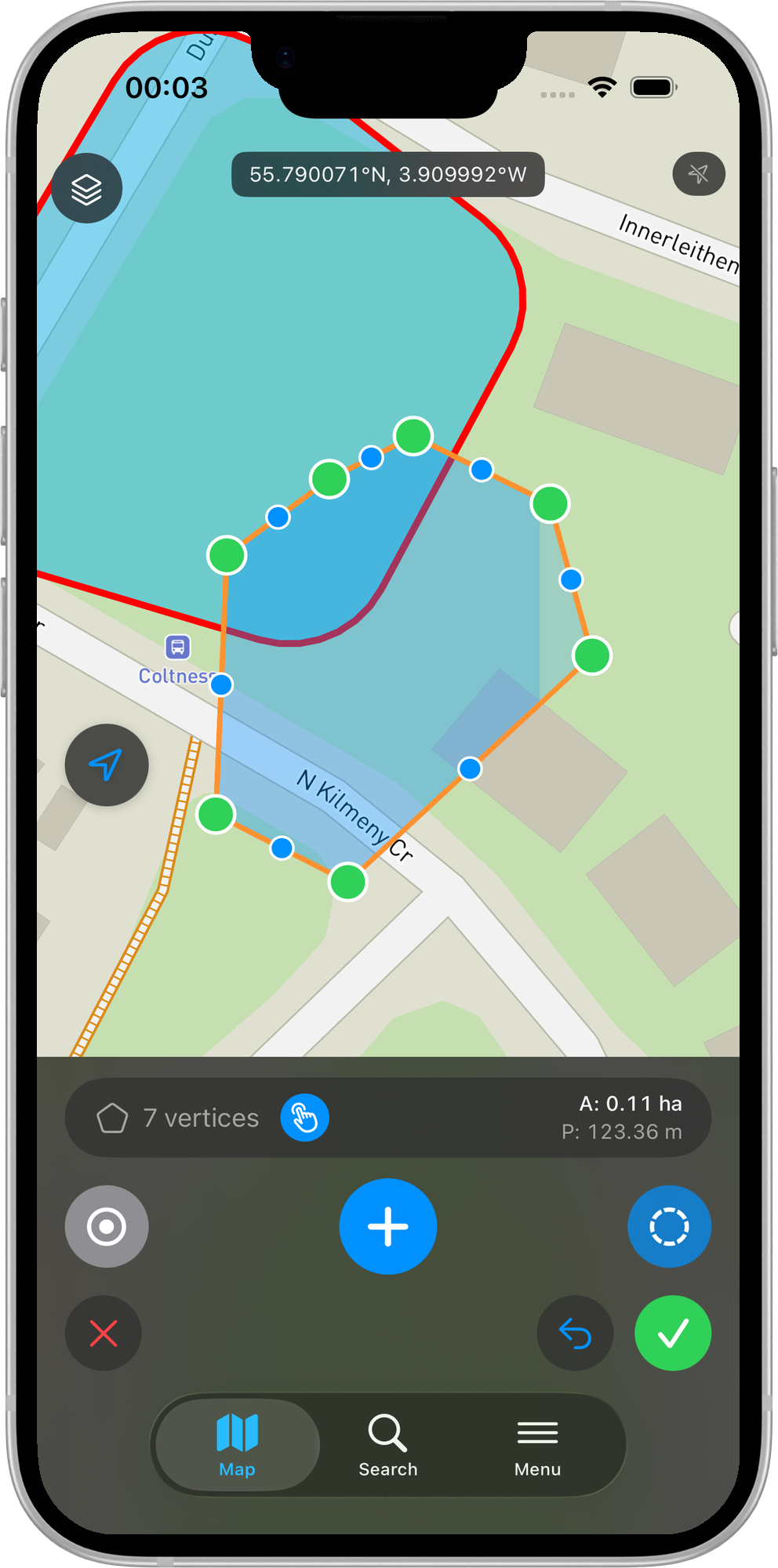 Mapit GIS iOS - edytowany poligon z widocznymi wierzchołkami, nakładający się na sąsiedni obiekt