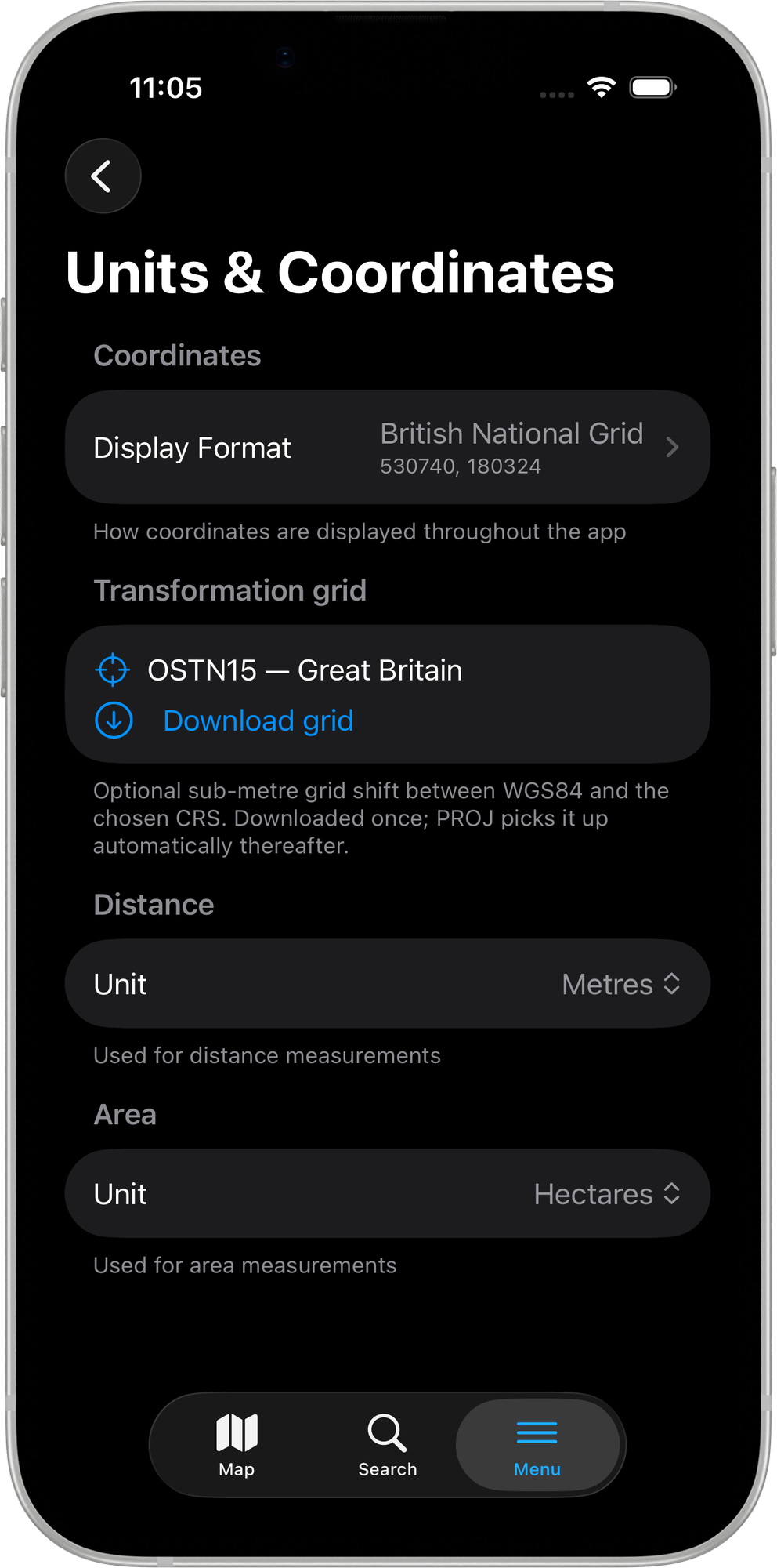 Mapit GIS iOS — ekran ustawień jednostek i współrzędnych z wybranym układem British National Grid