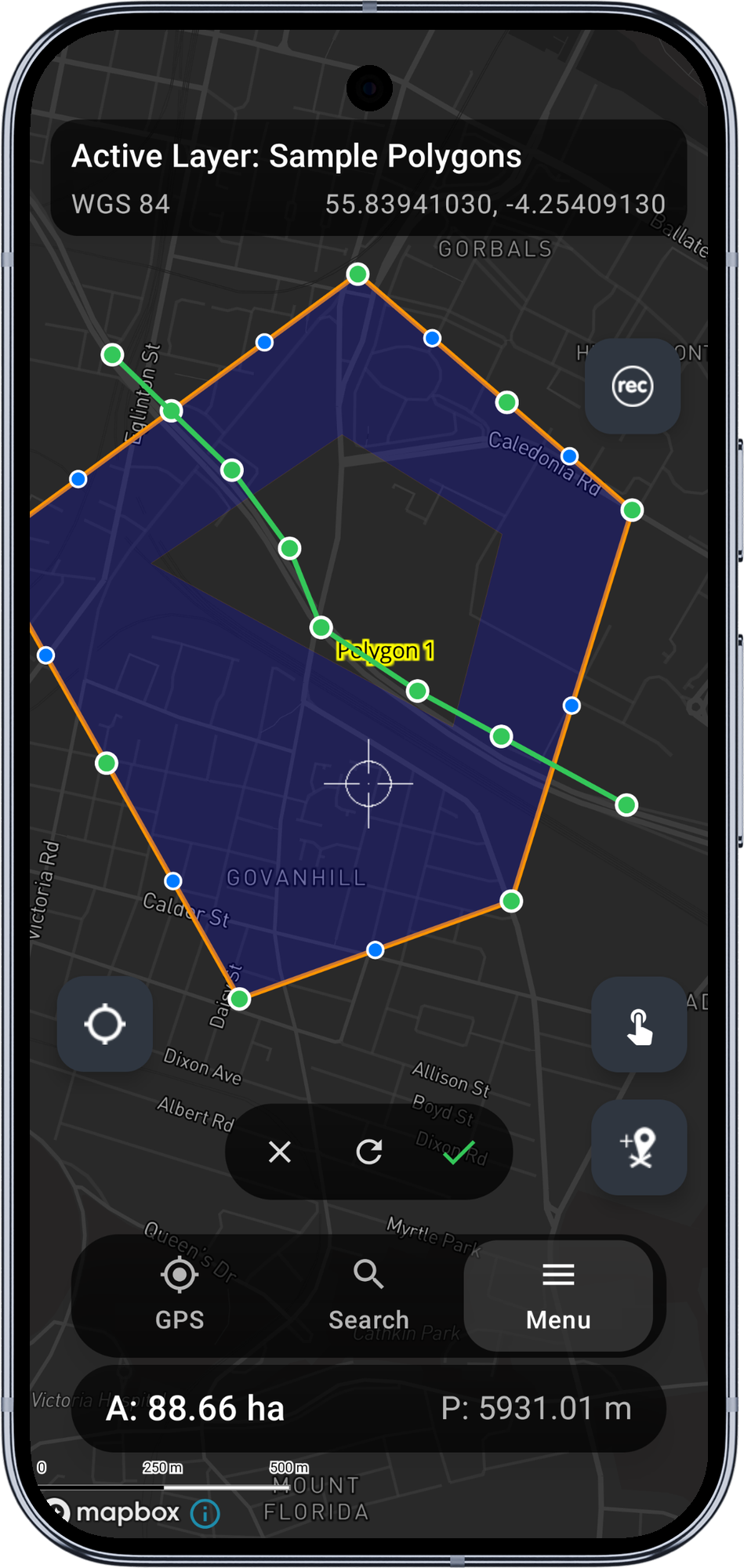 Mapit GIS - rysowanie linii cięcia w poprzek poligonu z panelem Anuluj / Wyczyść / Zastosuj